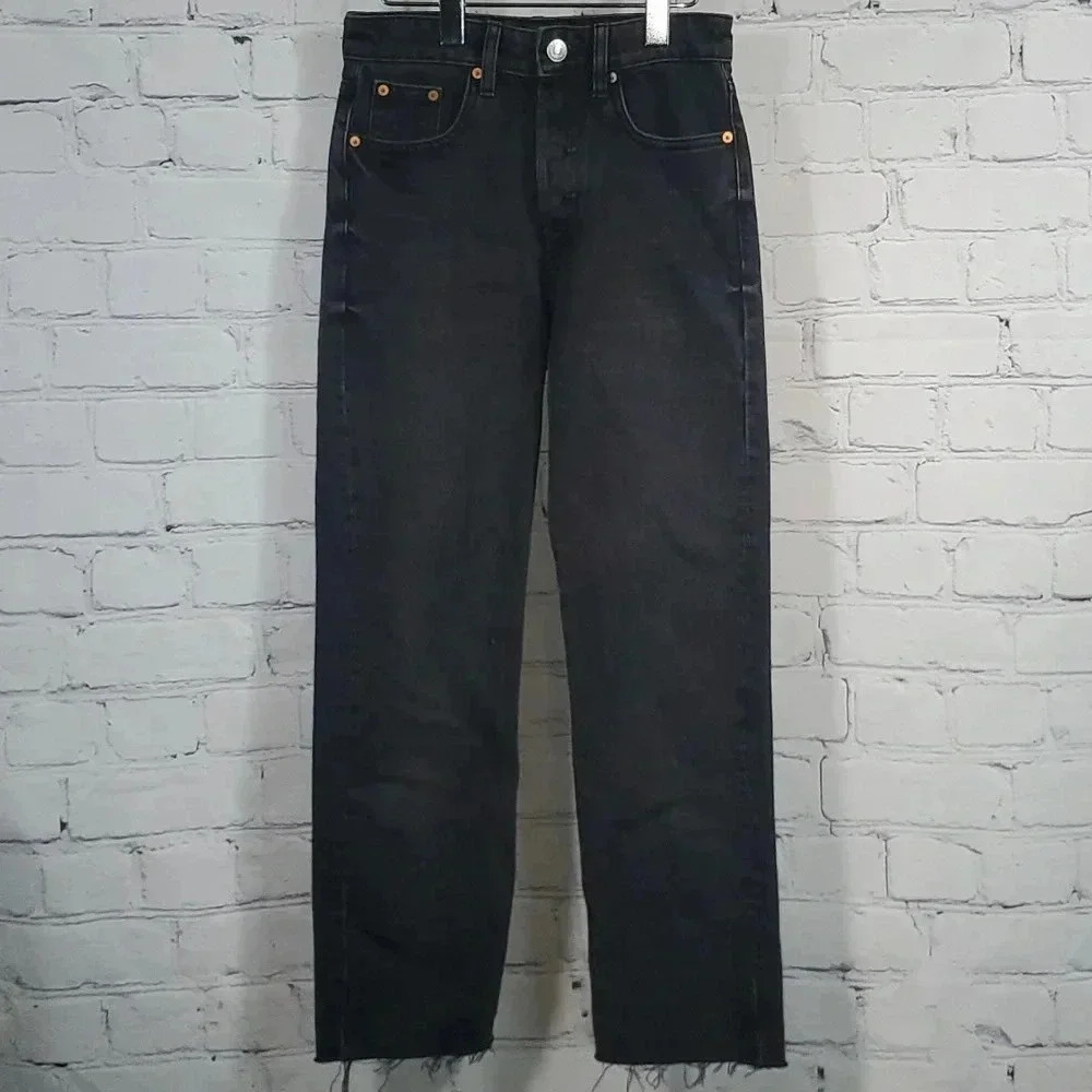 Zara Women's Relaxed Baggy Fit Button Up Black Non Distressed  Unhem Jeans Sz 2
